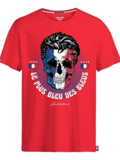 T-shirt col rond en coton rouge avec design footballistique et tête de mort floqué à la poitrine