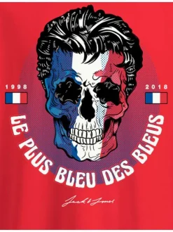 T-shirt col rond en coton rouge avec design footballistique et tête de mort floqué à la poitrine