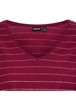 T-shirt col V Pcmilona en coton mélangé framboise à rayures dorées