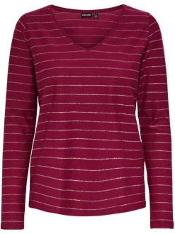 T-shirt col V Pcmilona en coton mélangé framboise à rayures dorées