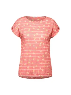 T-shirt corail pour femme avec imprimé floral et rayures coupe droite