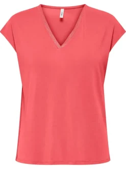 T-shirt corail uni avec une coupe ample et un col v en lurex