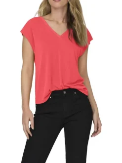 T-shirt corail uni avec une coupe ample et un col v en lurex