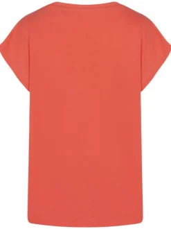 T-shirt corail uni avec une coupe droite fluide et un col v à manches courtes