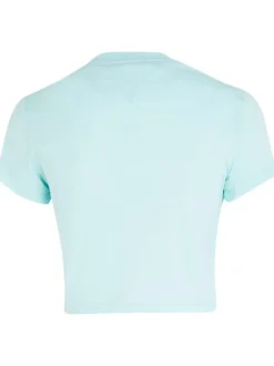 T-shirt coupe courte moulante turquoise à imprimé poitrine et col rond