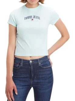 T-shirt coupe courte moulante turquoise à imprimé poitrine et col rond