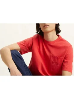 T-shirt coupe regular fit en coton rouge uni à col rond et poche plaquée poitrine