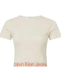 T-shirt cropped en coton écru à col rond avec logo orange sur l'ourlet inférieur