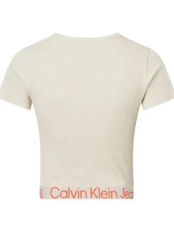 T-shirt cropped en coton écru à col rond avec logo orange sur l'ourlet inférieur