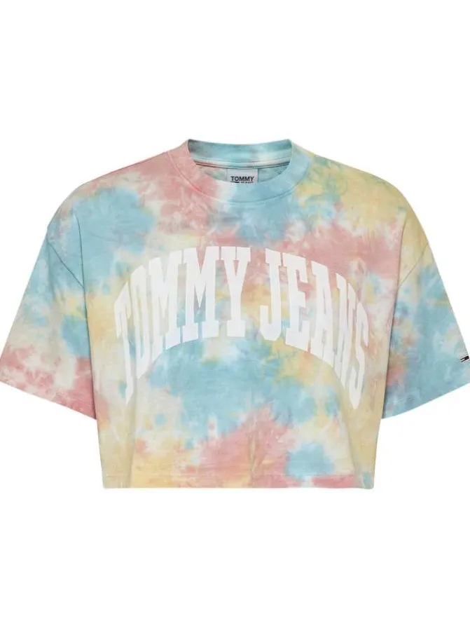 T-shirt cropped multicolore en coton biologique col rond et manches courtes coupe oversize