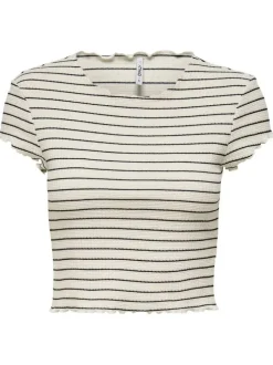 T-shirt écru avec des rayures noires une coupe cropped et un col rond