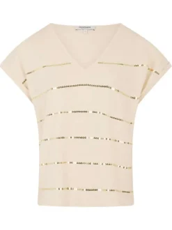 T-shirt écru avec rayures en sequins dorés, coupe ajustée et à manches courtes