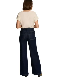 T-shirt écru avec rayures en sequins dorés, coupe ajustée et à manches courtes