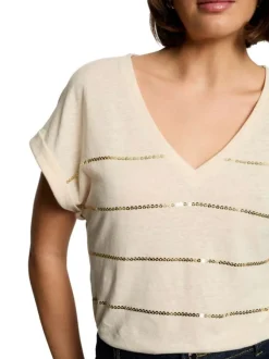 T-shirt écru avec rayures en sequins dorés, coupe ajustée et à manches courtes