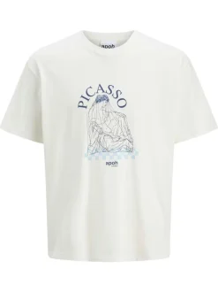T-shirt écru à col col rond et à manches courtes avec imprimé Picasso et dessin