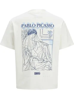 T-shirt écru à col col rond et à manches courtes avec imprimé Picasso et dessin