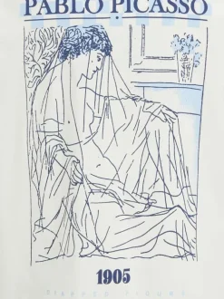 T-shirt écru à col col rond et à manches courtes avec imprimé Picasso et dessin