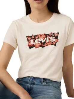 T-shirt écru en coton avec motif floral de la marque et col rond