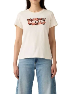T-shirt écru en coton avec motif floral de la marque et col rond
