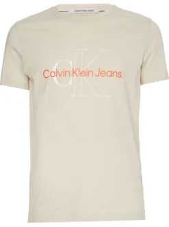 T-shirt écru en coton biologique uni coupe droite avec gros logo col rond