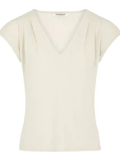 T-shirt écru en lurex avec une coupe droite col v et à manches courtes