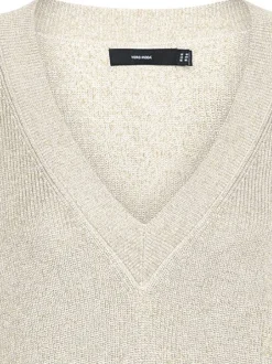 T-shirt écru pailleté à coupe droite col v et à manches courtes