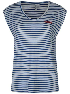 T-shirt écru pourvu de rayures bleues horizontales et d'un col rond