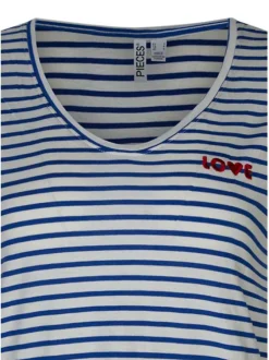 T-shirt écru pourvu de rayures bleues horizontales et d'un col rond
