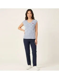 T-shirt écru pourvu de rayures bleues horizontales et d'un col rond