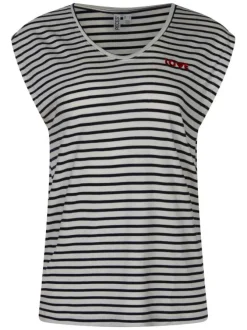 T-shirt écru pourvu de rayures marine horizontales et d'un col rond