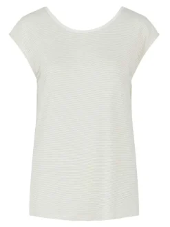 T-shirt écru rayé avec une coupe droite col v et à manches courtes