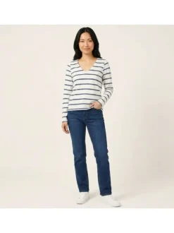 T-shirt écru à rayures avec une coupe droite et des manches longues