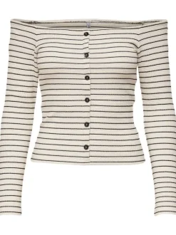 T-shirt écru à rayures col bateau et manches longues avec boutons