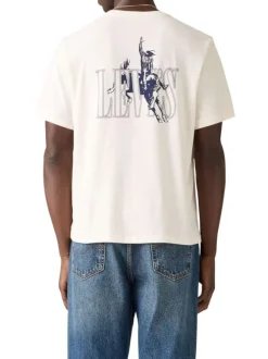 T-shirt écru uni avec un col rond et logos de la marque à l'avant et dans le dos