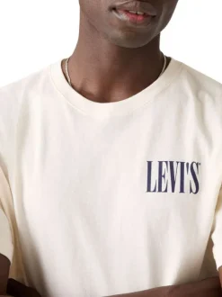 T-shirt écru uni avec un col rond et logos de la marque à l'avant et dans le dos