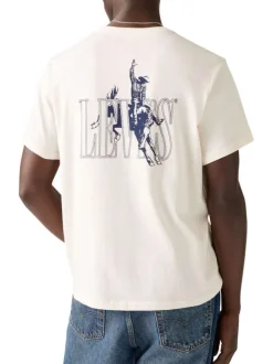 T-shirt écru uni avec un col rond et logos de la marque à l'avant et dans le dos