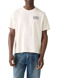 T-shirt écru uni avec un col rond et logos de la marque à l'avant et dans le dos