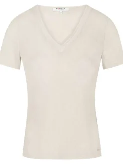 T-shirt écru uni avec une coupe droite à col v et des manches courtes