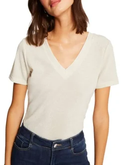 T-shirt écru uni avec une coupe droite à col v et des manches courtes