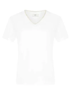 T-shirt écru uni coupe ajustée avec un col V et des manches courtes