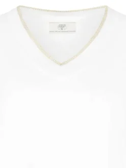 T-shirt écru uni coupe ajustée avec un col V et des manches courtes