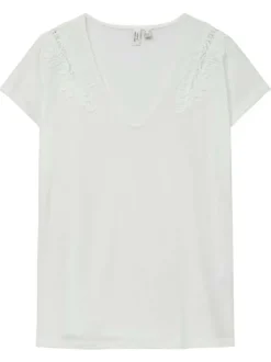 T-shirt écru uni droit à col rond et à manches courtes avec dentelle aux épaules