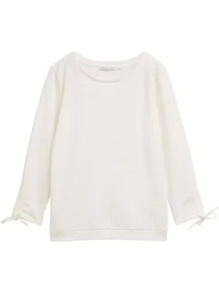 T-shirt écru uni en maille texturée avec un col rond et des manches longues