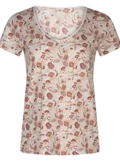 T-shirt Deauville écru fleurie à coupe droite col v et à manches courtes