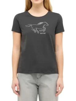 T-shirt en coton anthracite à imprimé avec une coupe droite et un col rond