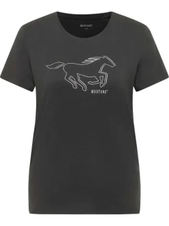 T-shirt en coton anthracite à imprimé avec une coupe droite et un col rond