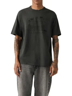 T-shirt en coton anthracite imprimé à coupe droite pourvu d'un col rond
