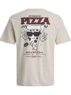T-shirt en coton beige avec une pizza imprimée et un col rond