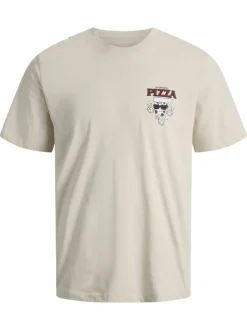 T-shirt en coton beige avec une pizza imprimée et un col rond