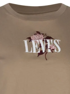 T-shirt en coton beige à coupe droite brodé à l'avant pourvu d'un col rond